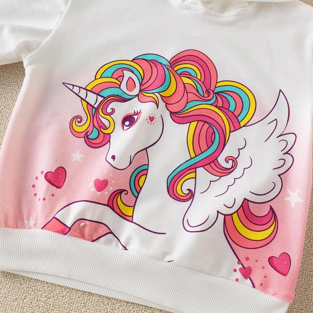 Hibobi Весенний комплект из 2 предметов для девочек, костюм-толстовка с капюшоном и узором единорога, модный спортивный костюм-толстовка, брюки, костюм для детей 4-9 лет