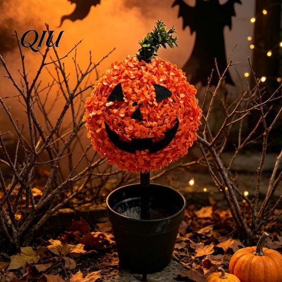 Artificial Pumpkin Topiary Tree Tree, Halloween Face Faux Boxwood Plants with Stake, Seasonal Front Porch Decor Fall Autumn Thanksgiving for Door