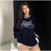 Толстовка свободного покроя с буквенным принтом, женская, повседневная, с V-образным вырезом, длинным рукавом, на шнурке, свободные однотонные топы 2025 года, весна-осень, уличная одежда в стиле Харадзюку