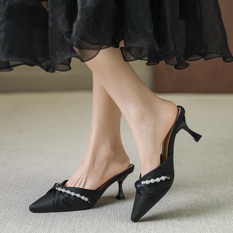 Fashion Women's Vulcanized Shoes Pointed Toe Mid Heel Rhinestone Sandals Slip On Slingback Pumps New Hot Trendy Versatile