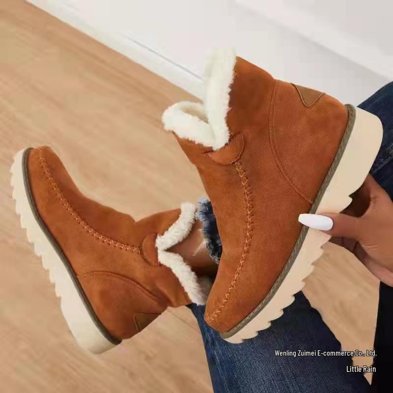 Women's Plus Size Thick-Soled Winter Ankle Boots: Warm, Solid Color, Slip-On Style