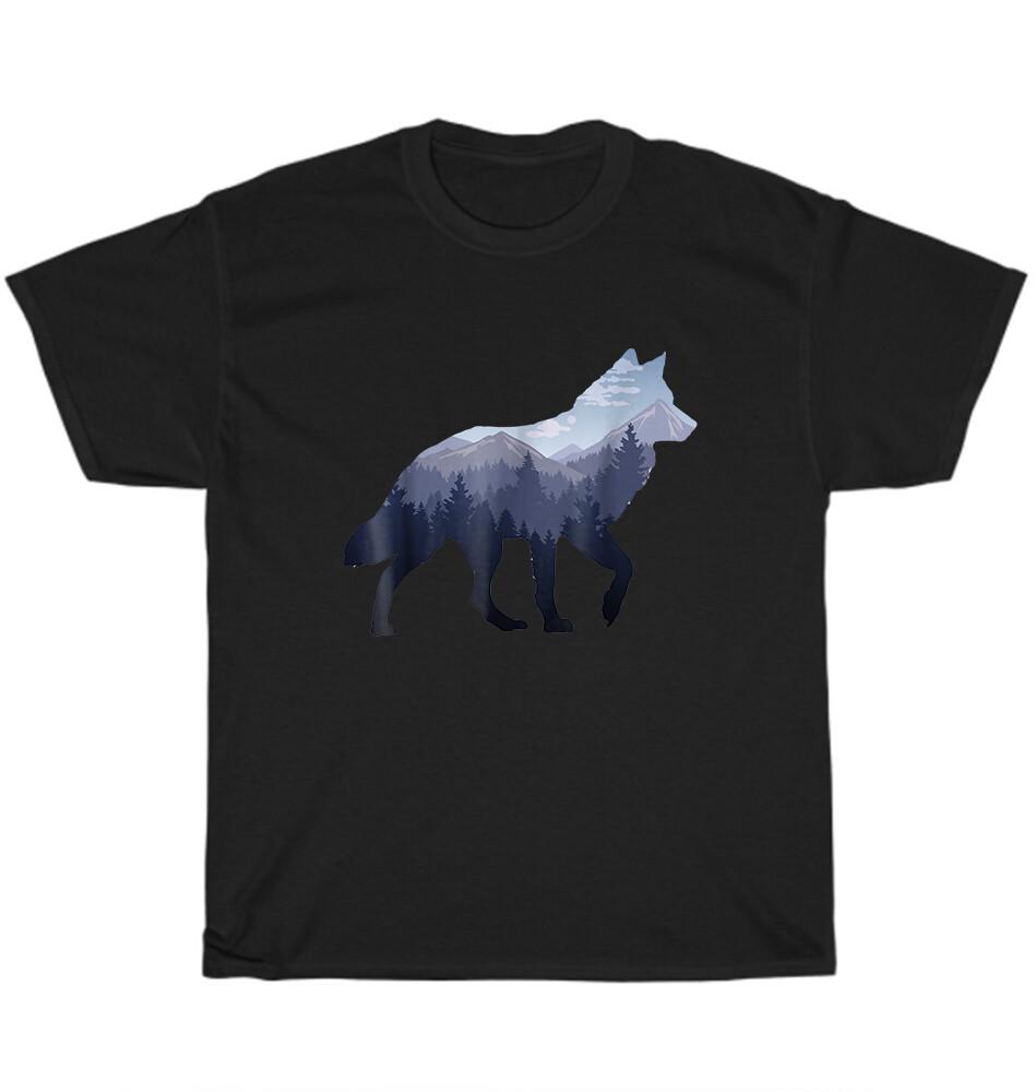 Одинокий Волк Вой Силуэт Горного Леса Искусство Любитель Волков Футболка Унисекс