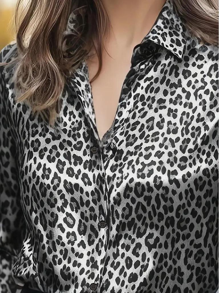 Женская элегантная блузка с леопардовым и цветочным принтом, с длинным рукавом