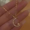 Star Moon Super Sparkle Exquisite Dainty Zirconia Ramadan Pendant Necklace, Minimalist Elegant Lovely Versatile Daily Wear Clavicle Chain Jewelry