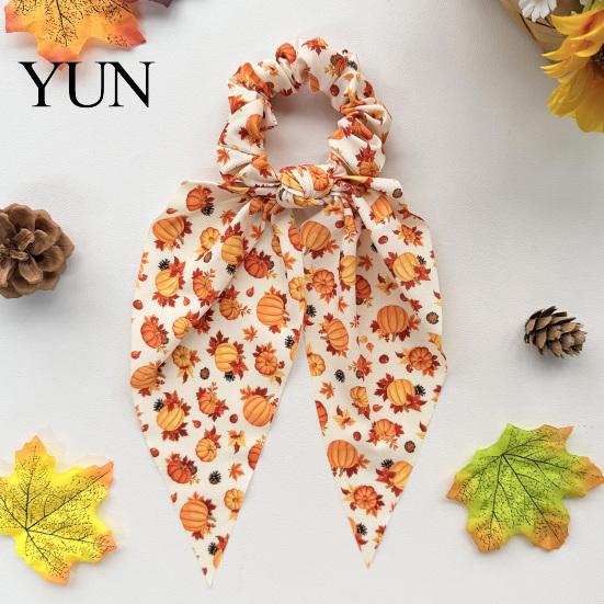 Retro Thanksgiving Hair Decorations Fall Pumpkin Maple Leaf Tie for Women, Bow Knot Ribbon Ponytail Decorative Ties Holder, Soft Fabric Elastic