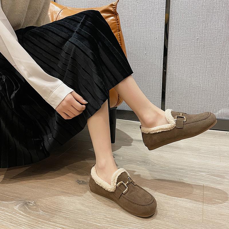 Плоская подошва с круглым носком осенне-зимние новые мягкие подошвы из мягкой кожи бархатные теплые маленькие кожаные туфли женские хлопковые туфли
