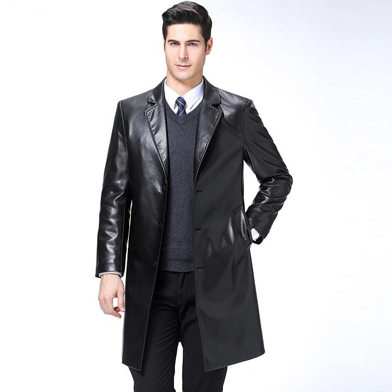 Весенне-осеннее длинное пальто из натуральной кожи, мужское пальто с воротником из дубленки, мужская кожаная ветровка, тонкий стиль