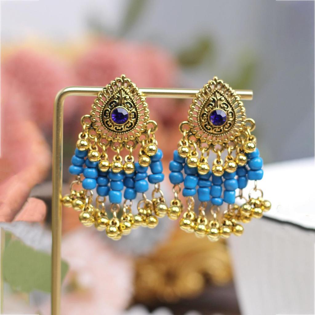 Европейско-американские богемные этнические серьги с бусинами и стразами в форме колокольчиков - Смелый ретро-стиль