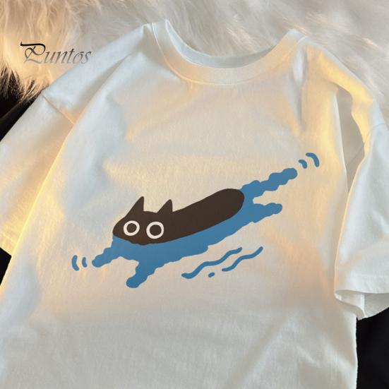 Повседневная футболка для пары с рисунком черной кошки, футболка с круглым вырезом, свободный летний топ для мужчин и женщин, домашняя спортивная одежда для улицы