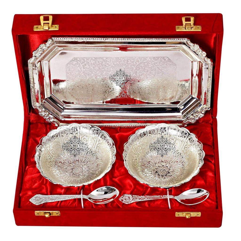 Embossed Leaf Design Curved Silver Plated Set Of 2 Bowl With 2 Spoon & 1 Tray, Serveware Decorative Gift Set, 57 Ml