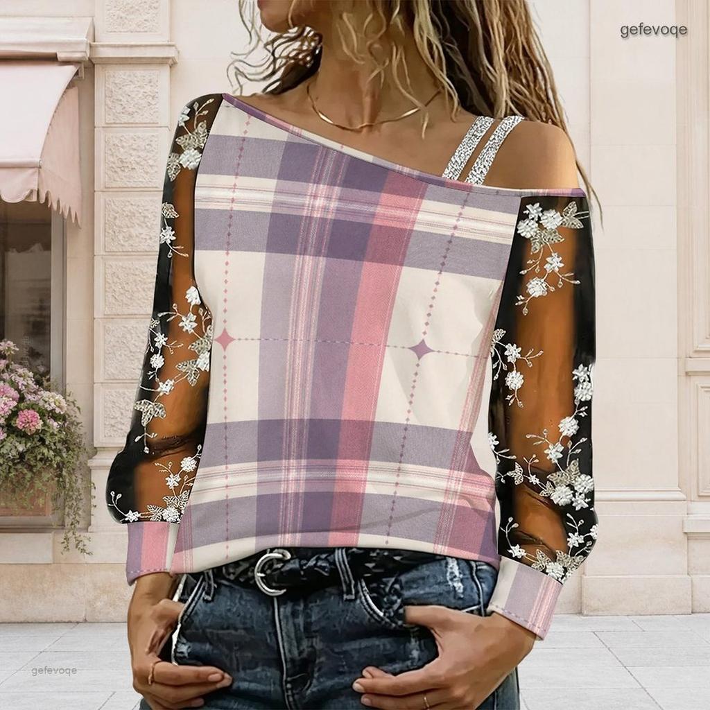 Women Plus Size Halloween Printed Asymmetric Cold Shoulder Long Sleeve Sheer Floral T Shirt