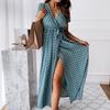 Summer Short Sleeve V-neck Bohemian Polka Dot Print Dress Long Skirt