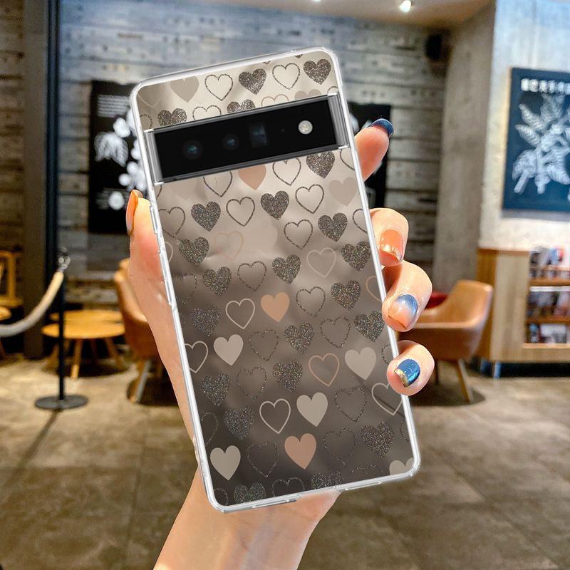 Золотой Розовый Розовый Блестящий Сердечки Чехол для Телефона для Google Pixel 9 8 7 6 Pro XL 8A 7A 6A 5 4 5A 4A 3A XL 5G Мягкий Силиконовый Прозрачный Чехол