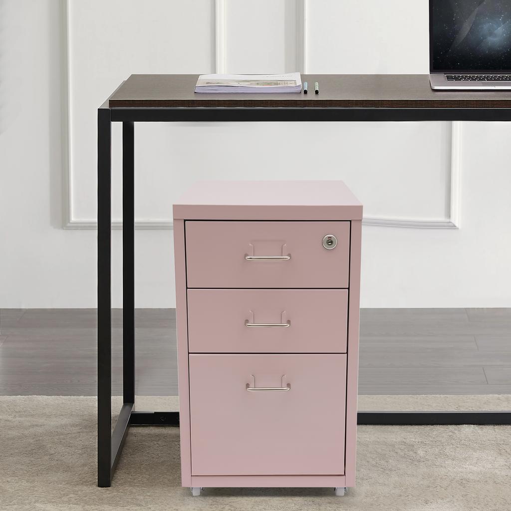 Pink 3-Tier Metal File Cabinet with Wheels - Rolling Storage Cabinet for Office & Home - Locking File Organizer with 3 Drawers