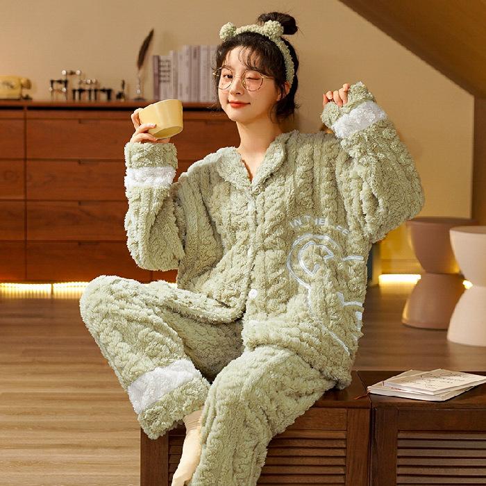 Коралловый флис утолщенная пижама женская осень-зима плюшевая с добавлением милого розового фланелевого комплекта домашней одежды для девочек повседневная ночная одежда
