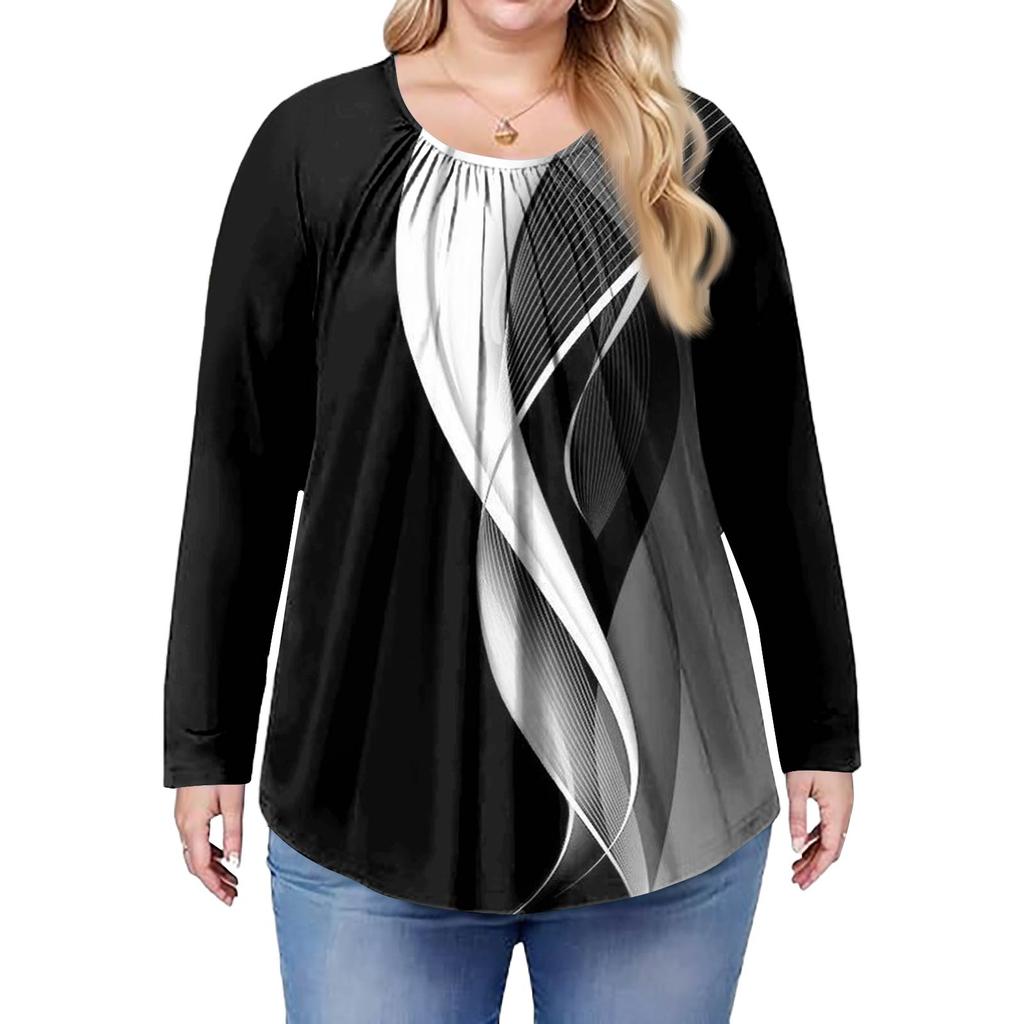 Женский модный топ большого размера с принтом, повседневный плиссированный, с круглым вырезом и длинными рукавами