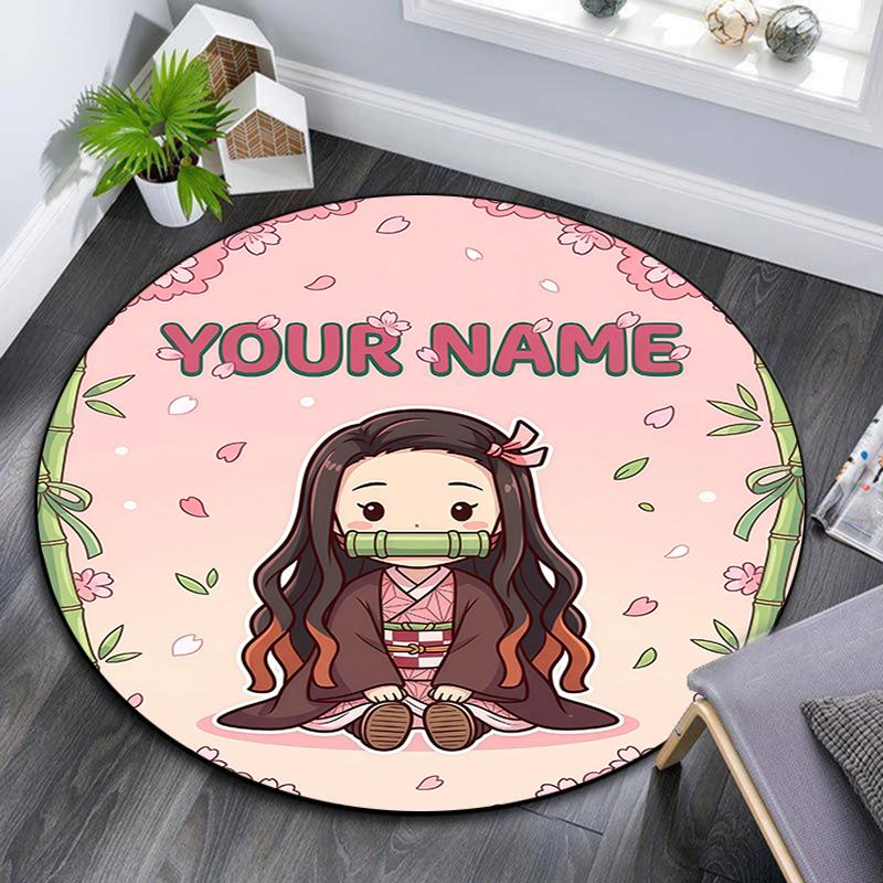 Custom Name,Nezuko Kamado pattern round rug,Carpet Rug for Living Room Bedroom Playroom ,Non-slip Floor Mat,Holiday Gifts and Birthday Gifts.