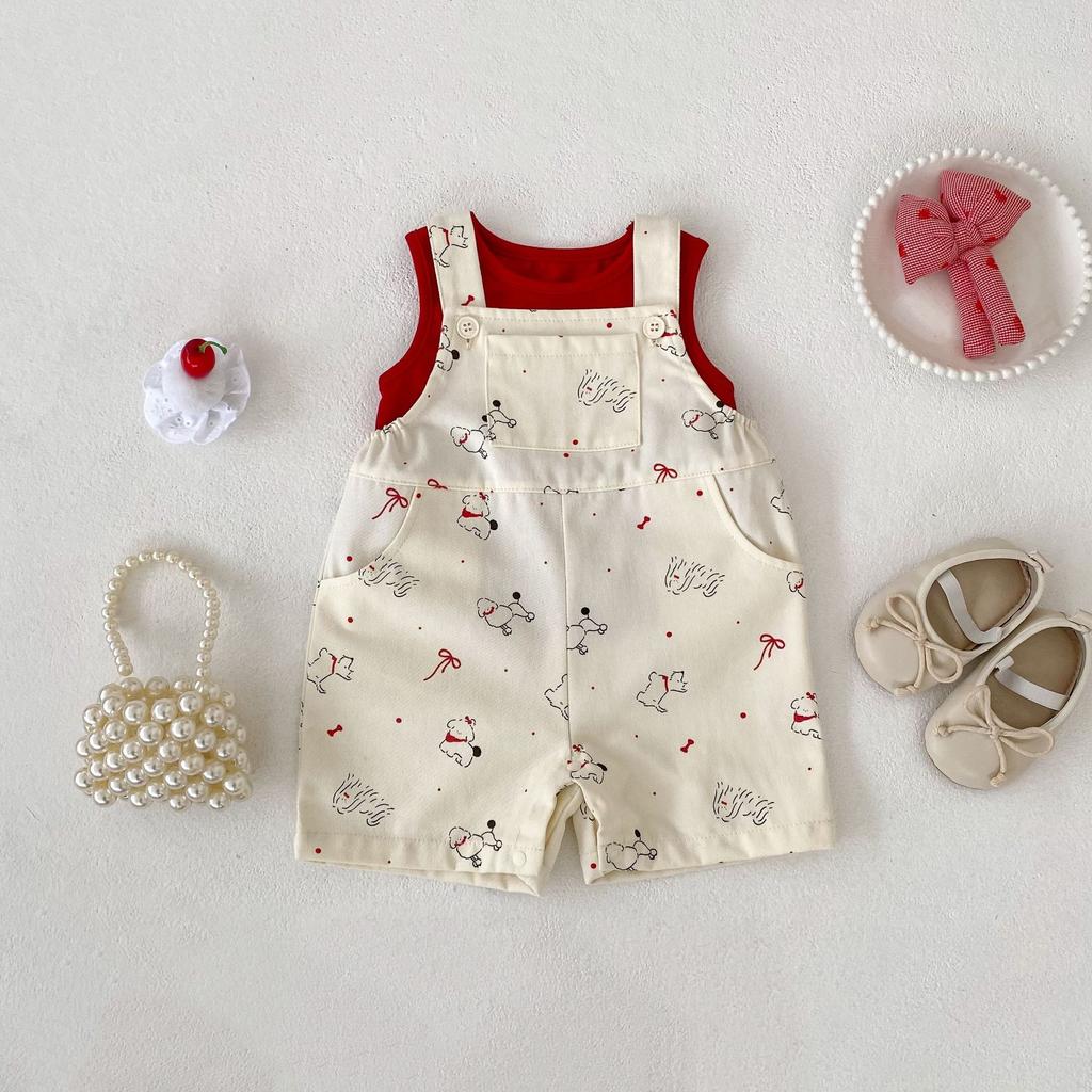 Girls Summer Cartoon Puppy Print Suspender Shorts with Solid Sleeveless Tank Top Set
