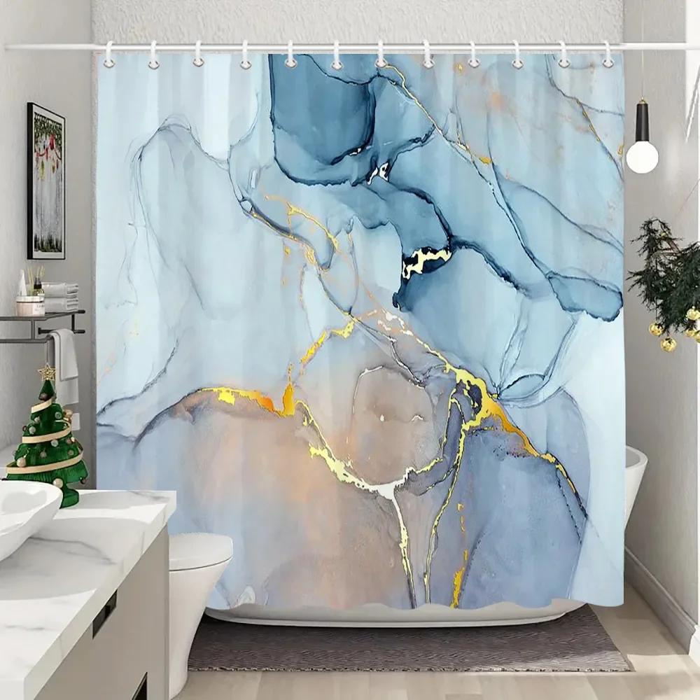 Сине-золотая текстурированная мраморная шторка для душа Черно-белый натуральный художественный узор Полиэстеровая ткань Стирающаяся шторка для душа Декор для ванной