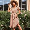 Summer Women V Neck Shoirt Sleeve Lace Up Long A Line Chic Print Green Pleated Dresses