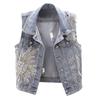 Moda Dantelli Munchoqli Denim Jilet Ayollar Kardigan Bahor Yengsiz Kurtka Moda Keng Vintage Jins
