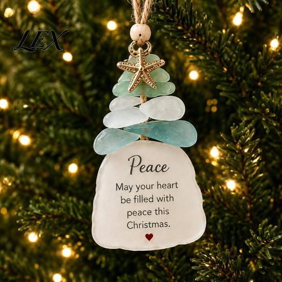 Festive Window Door Decor Sea Glass Christmas Tree Ornament, Seaglass Art Hanging with Starfish Charm, Ocean Inspired Ornaments Peace Love Joy