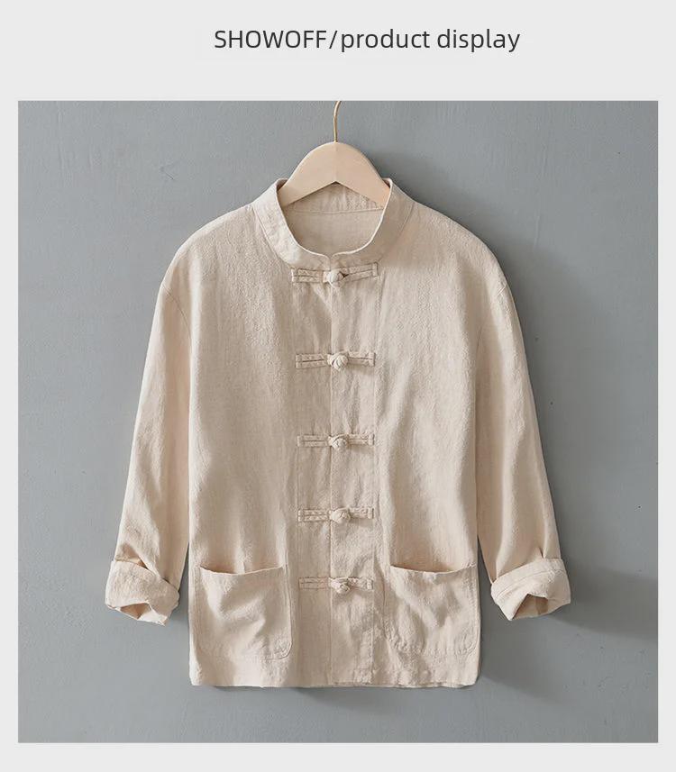 Мужская хлопчатобумажно-льняная рубашка в китайском стиле с пуговицами: Повседневный костюм Тан, свободный древний стиль Ханьфу, большой размер, топ среднего возраста