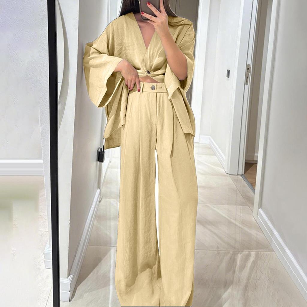 Комплекты из двух предметов для женщин: топ-рубашка с V-образным вырезом на пуговицах и брюки с широкими штанинами, свободные спортивные костюмы