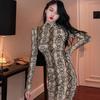 Women Snake Print Dress Turtleneck Sexy Long Sleeve Tight Slim Dress Sexy Dress Femal