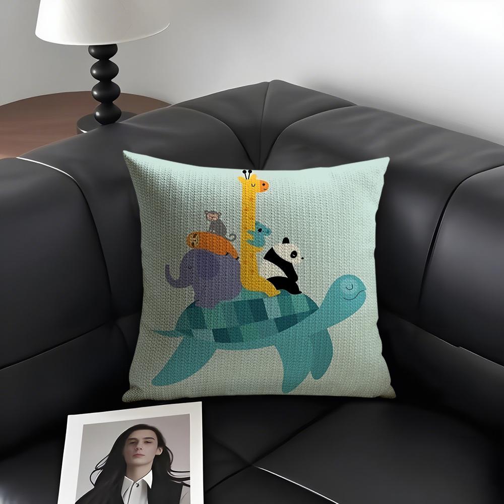 Cartoon Animals Cushion Cover Natural Linen Organic Fabric DoubleSided Printing Sofa Home Decor Gift Pillow Case