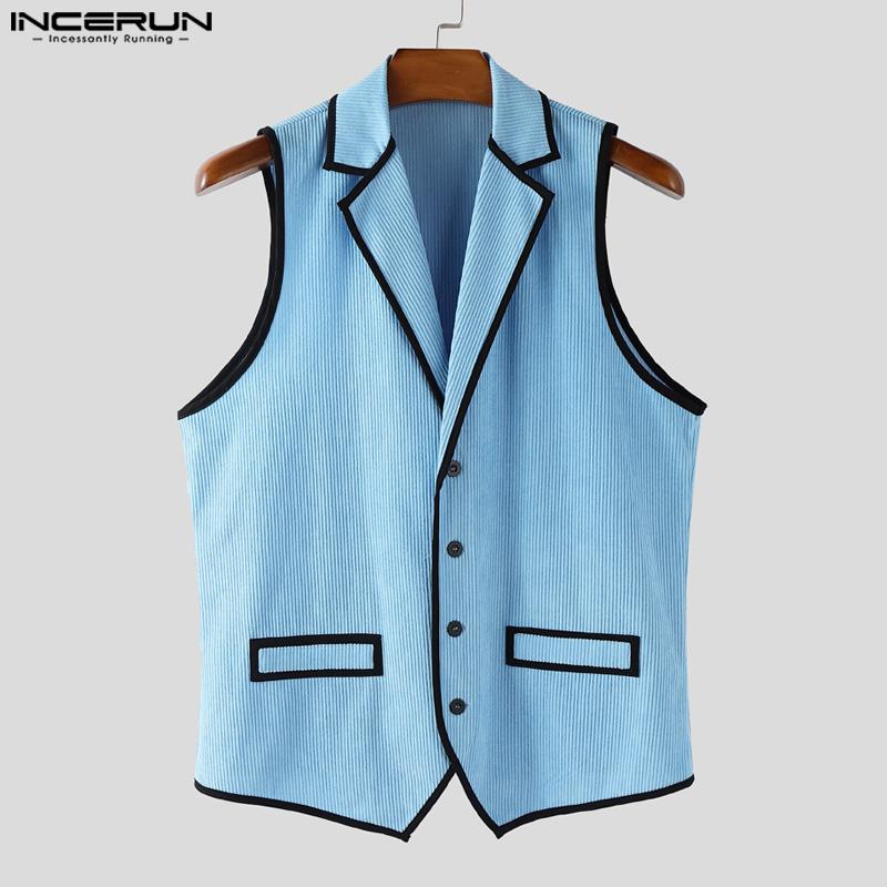 INCERUN Men Lapel Sleeveless Stitching Slim Waist Buttons Up Rib Vest Waistcoat