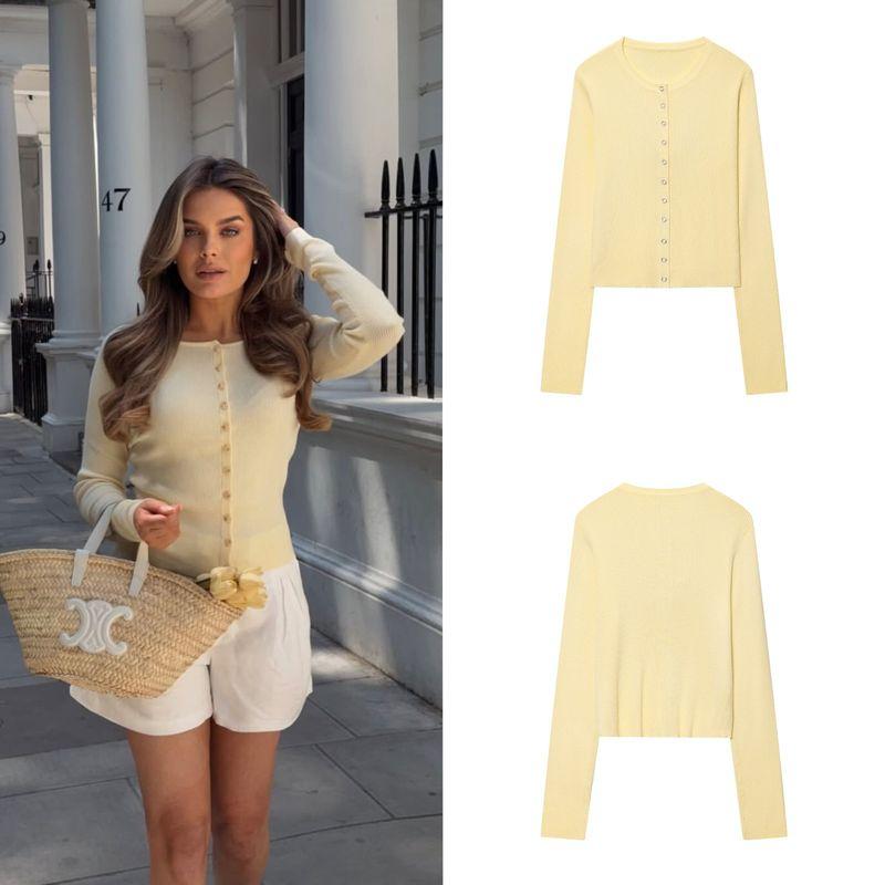 Zbzr Spring New Women Clothes Western Style Fashion Single-Breasted Knitted Long Sleeve Finger Fit Design Top Casual Shorts