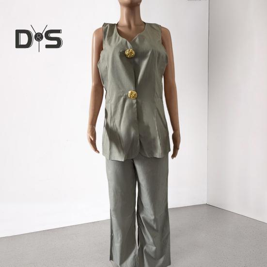 Women Commuting Suit V-neck Sleeveless Top Wide Leg Pants with Split Ends Urban Casual Style Two-piece Set Commuter Outfit for Work Parties Vacations