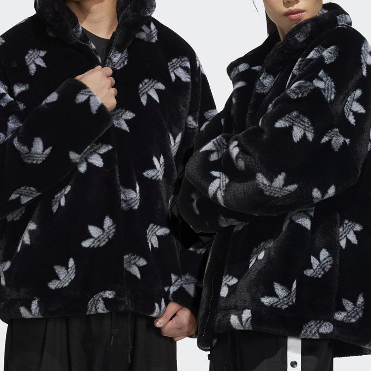 Adidas Originals Trefoil Logo Stand Collar Faux Fur Thickened Sports Jacket Unisex Jackets Black HI4656