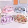 Pencil Case High Capacity Dust-proof Transparent Visible Cartoon Bear Bunny INS Double Layer Pencil Bag School Supplies