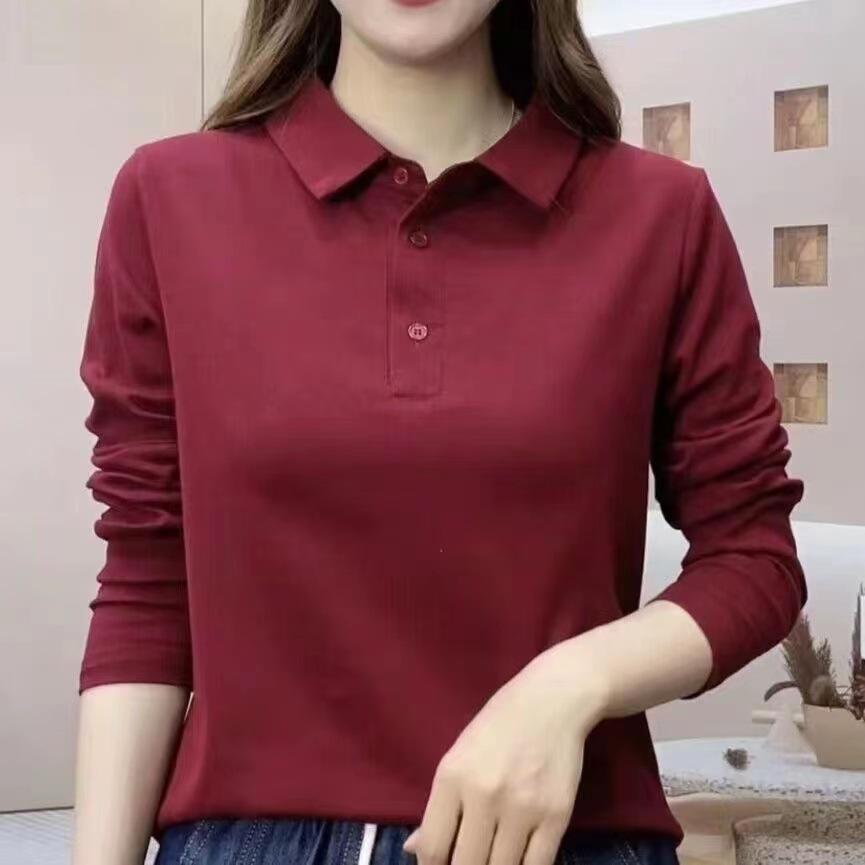 Лацкан Женская Модная Однотонная Новая Рубашка Поло с Длинным Рукавом G Для Матери Среднего Возраста Весенне-Осенняя Приталенная и Молодящая Рубашка