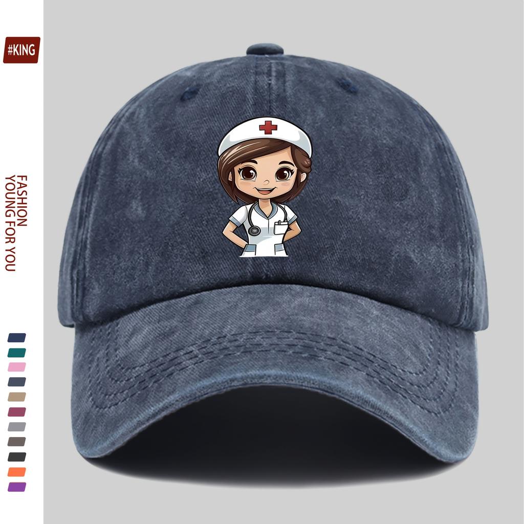Cartoon Nurse Graphic Baseball Cap Unisex Washed Cotton Adjustable Street Fashion Hat