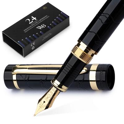 Перьевая ручка Wordsworth Black Finest Premium Metal, картриджи Primory 24, отделка золотом 24 карата, среднее перо с покрытием золотом 18 карат, подходит для обоих