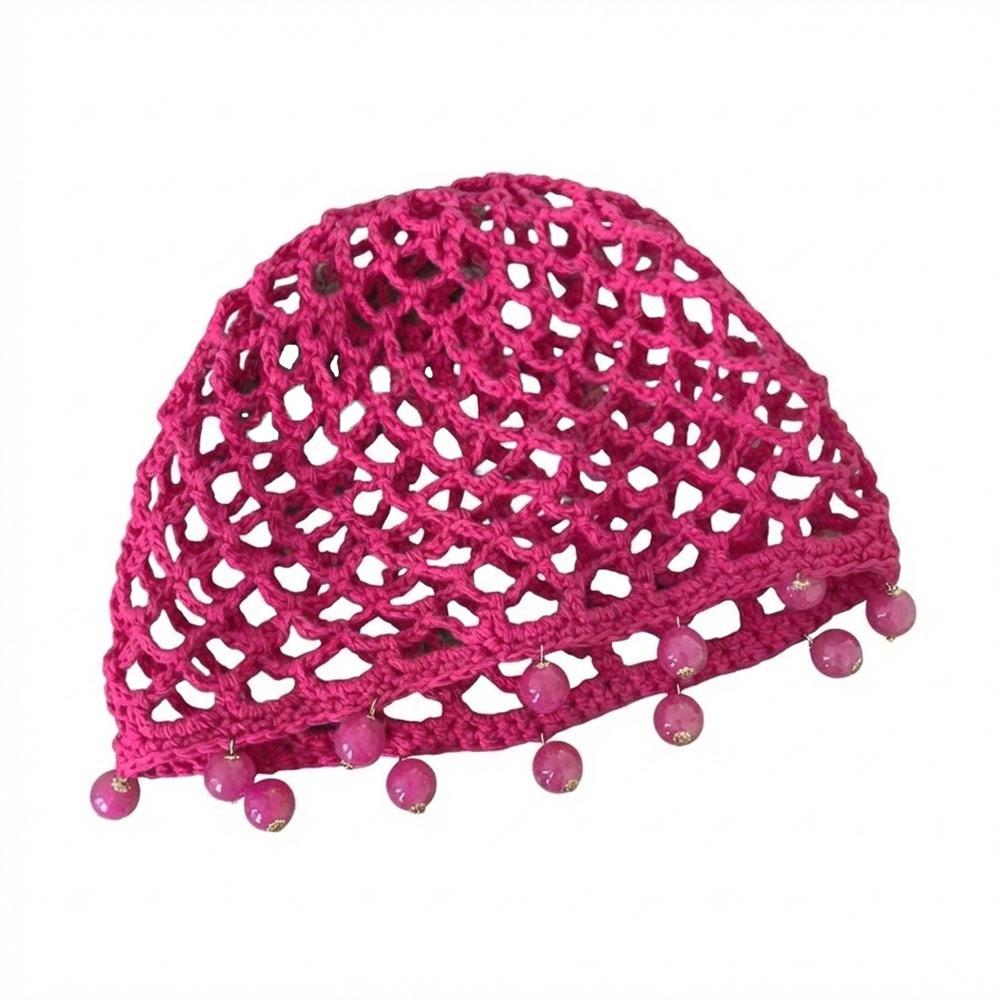 Breathable Hollowed Out Knitted Hat Round Beads Pearl Fringed Crochet Hat Handmade Beret Cap Fashion Headwear