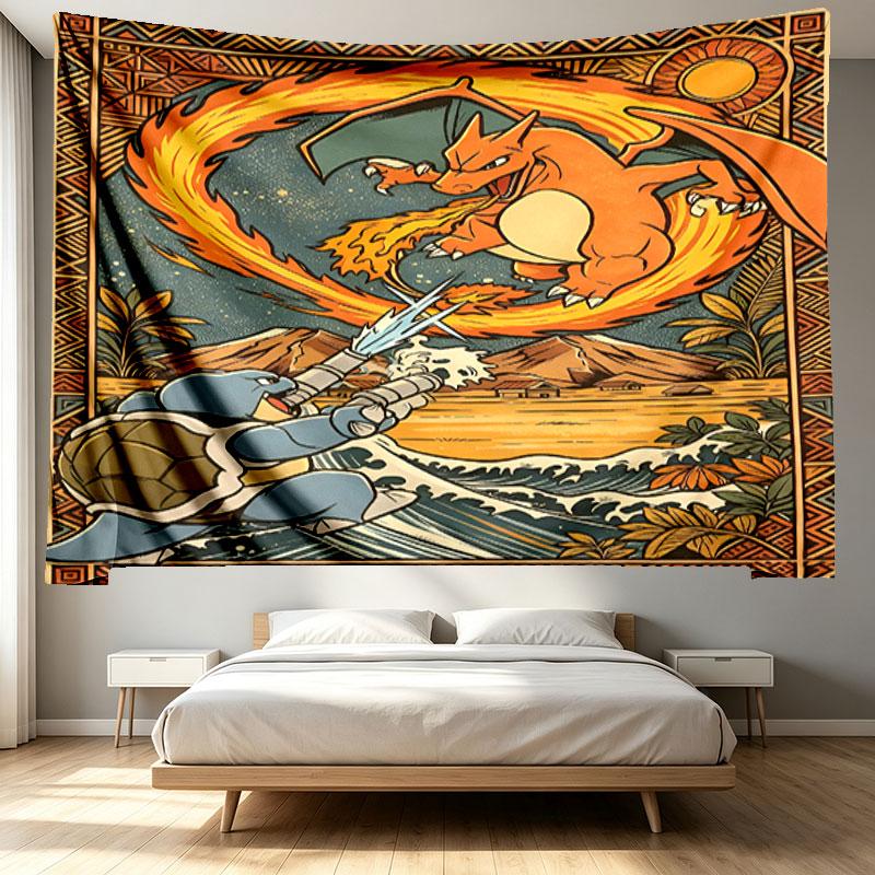 Charizard VS Blastoise Print Tapestry - Portable Wall Decor Cloth, for Home, Dorm, Travel, Bedroom, Living Room - Ideal Birthday Housewarming Gift