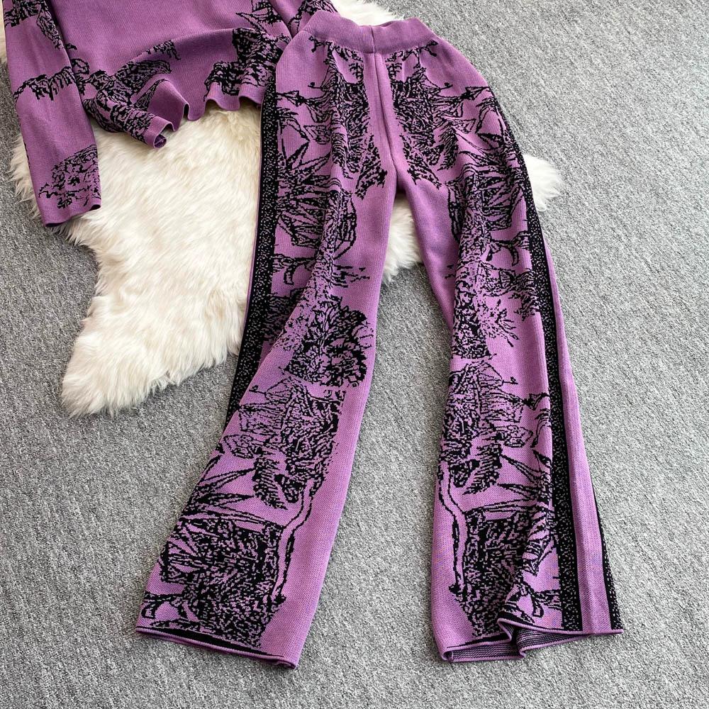 Осенне-зимний элегантный женский комплект одежды для отдыха из 2 предметов, трикотажные брюки, дизайнерский винтажный вязаный свитер с цветочным принтом