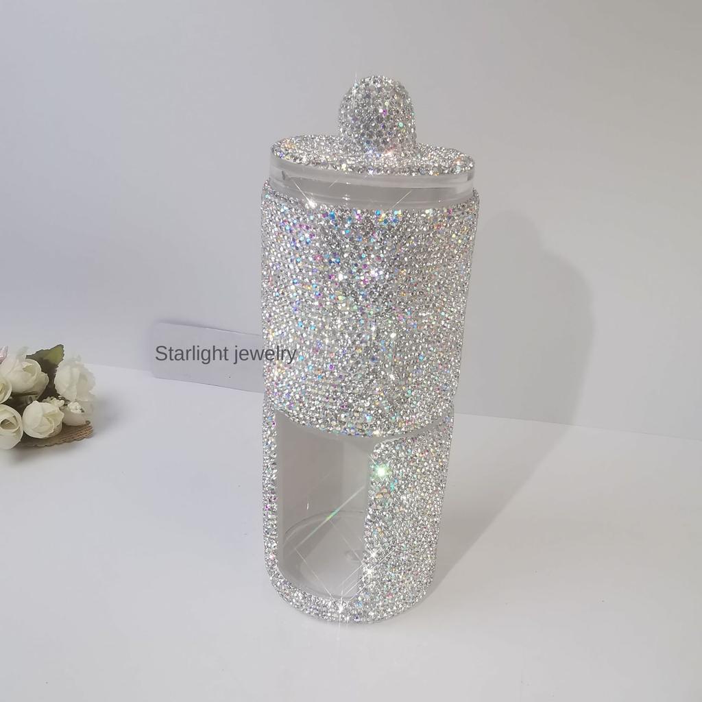 Luxury Acrylic Brush Organizer with Lid Sparkling Rhinestones Cosmetic Makeup Organizer Box Round Storage Container