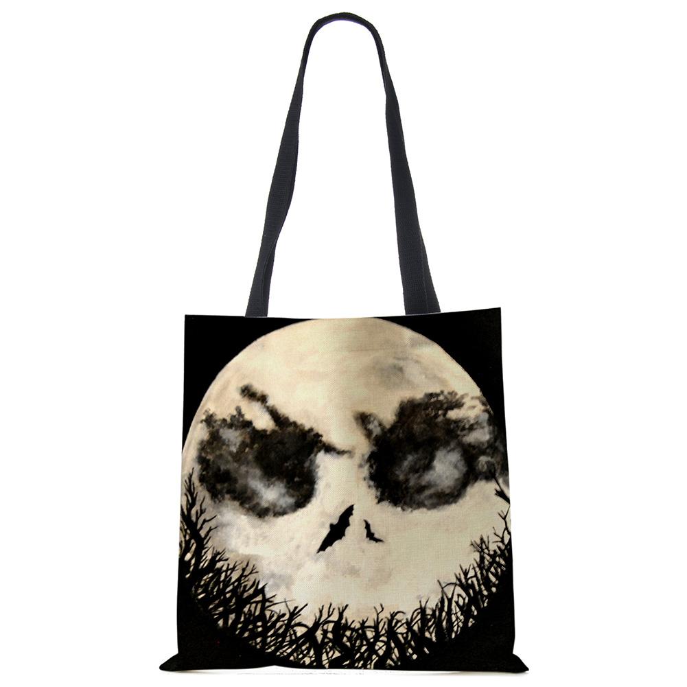 Темно-черная льняная сумка-тоут с крутым принтом черепа, экологичная многоразовая сумка для женщин, для путешествий, школы, на плечо, складная KTY