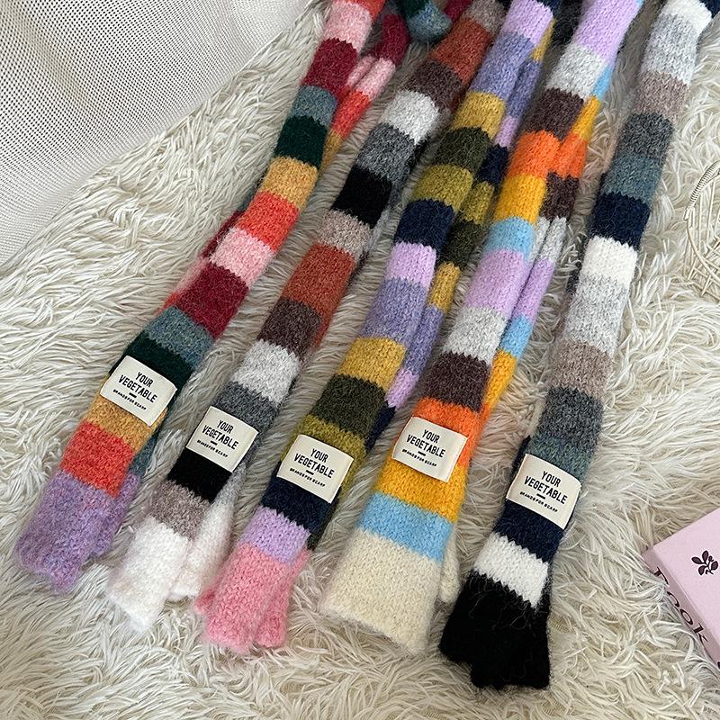 Шарф Luochi Knitwear Осень/Зима, Мохеровый, Цветные Блоки, Полоска - Унисекс, Стиль Y2K 'Сладкая и Пряная Девушка'
