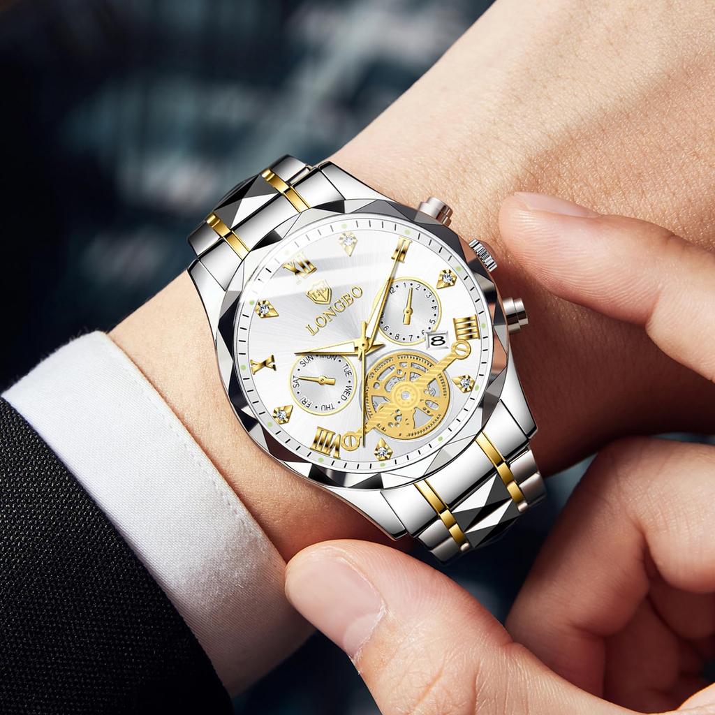 Часы Стильные наручные часы с хронографом Business Quartz из нержавеющей стали с сапфировым стеклом Водонепроницаемые светящиеся синие часы для мужчин мужские часы Лучший подарок