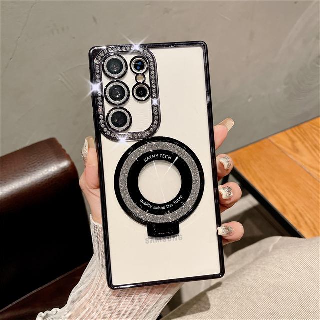 Для Samsung Galaxy S25Ultra Роскошный Чехол для Телефона с Гальваническим Покрытием Рамки Бриллиантами, Блестящая Подставка-Держатель, Чехол для Samsung S22 S23 S24Plus