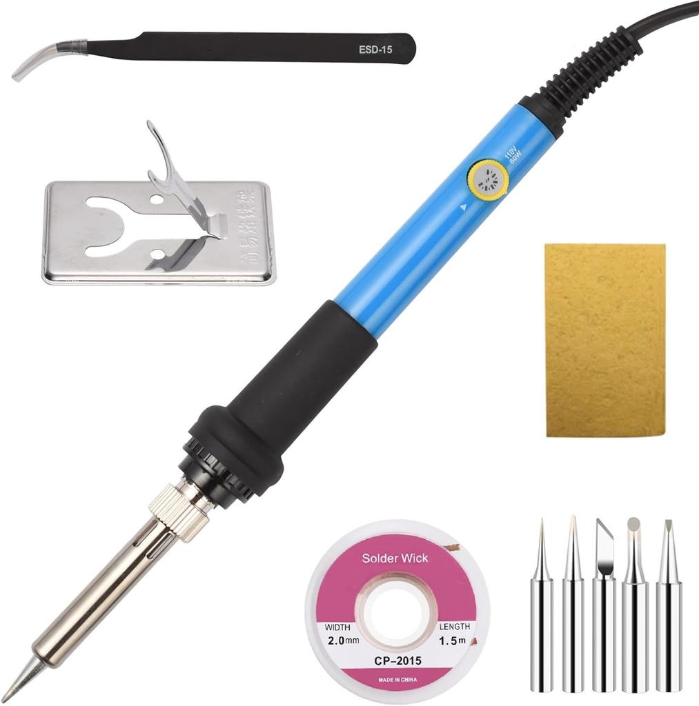 Soldering Iron Kit 60W 110V 220V Adjustable Temperature Solder Tool Set with 5pcs Soldering Tips, Tweezers, Solder Wick