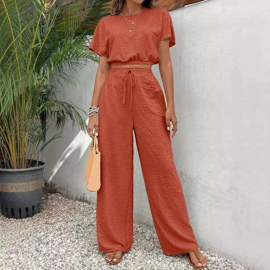 Комплект из 2 предметов: топы и брюки, О-образный вырез, короткий рукав, эластичный подол, повседневный свободный крой, однотонный, с высокой талией, длинные брюки