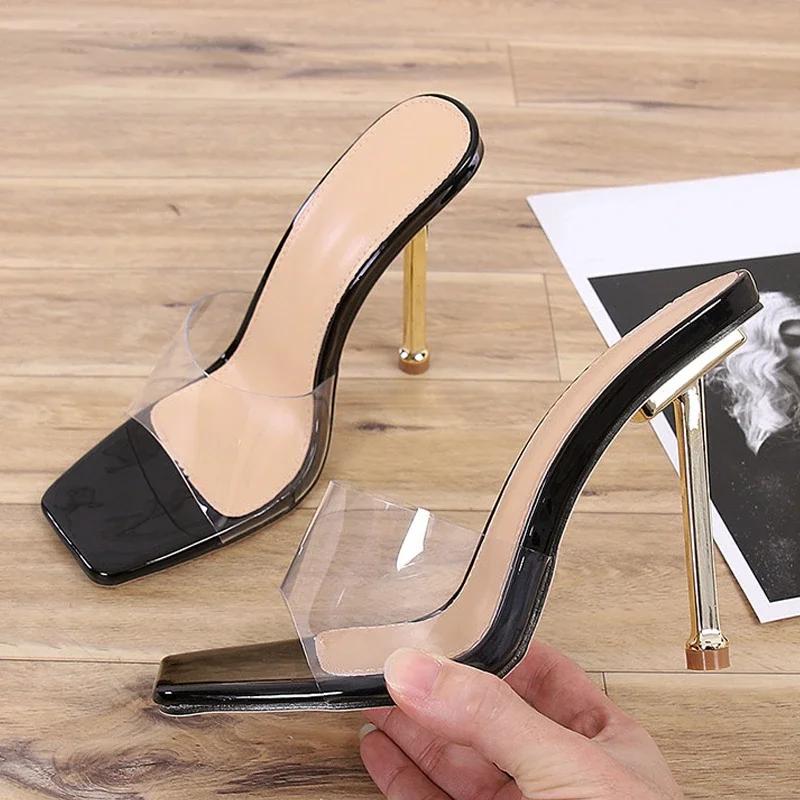Модные летние тапочки 2024 года, женские уличные прозрачные сандалии из ПВХ с прозрачным желе, модные туфли с открытым носком на тонком высоком каблуке для вечеринок, женские туфли-мюли