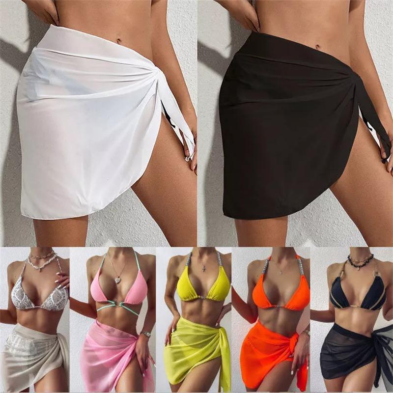 Summer Women's Short Saree Seaside Vacation Beach Party Bikini Cover-ups Solid Color Chiffon Breathable Wrap Mini Skirt